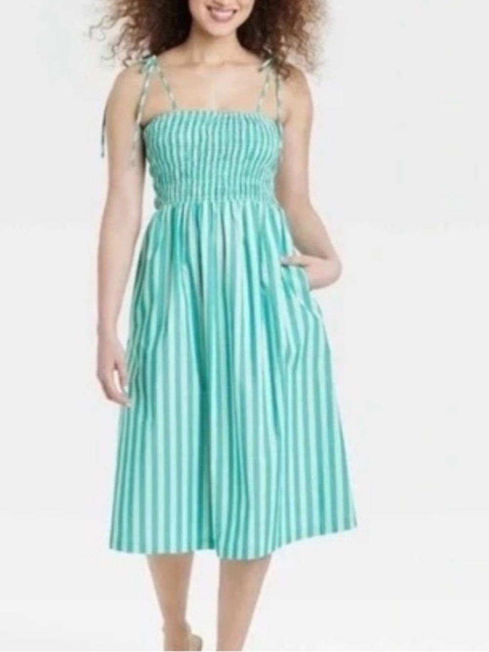 a new day smock whimsy boho green and White Striped Midi Sundress